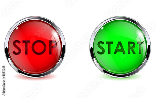 Buttons stop and start. Glass round web elements with metallic frame.