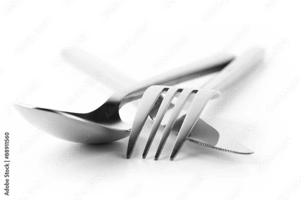 Fork, spoon and knife on white - obrazy, fototapety, plakaty 