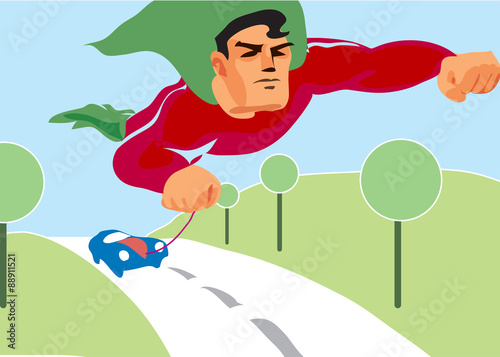 Flying Super Hero tow car. Vector