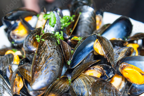 a bowl of delicious mussels with herbs