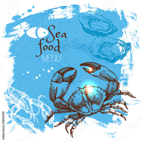 Hand drawn sketch seafood vector illustration. Sea poster