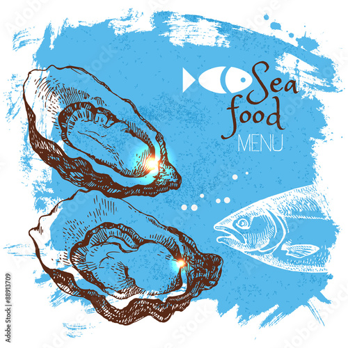 Hand drawn sketch seafood vector illustration. Sea poster