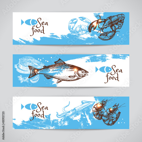 Hand drawn sketch seafood vector banners. Sea background set