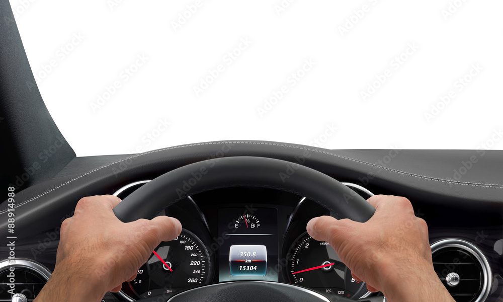 Fototapeta premium Driving hands steering wheel background isolated