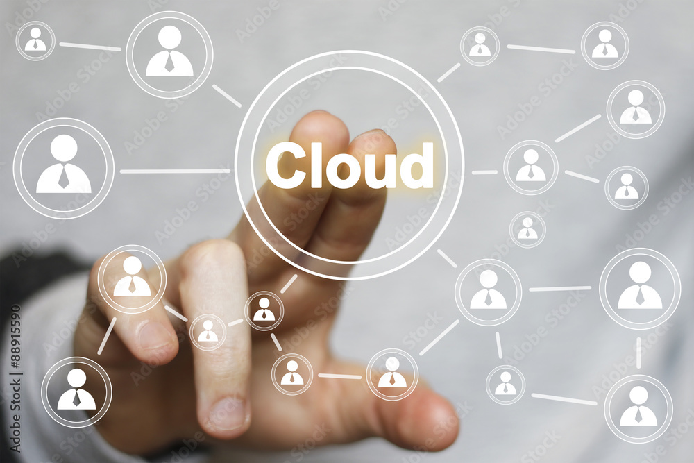 Businessman push virtual button cloud signal Businessman push virtual button cloud signal