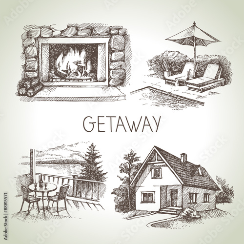 Hand drawn sketch set of family vacation. Vector illustration