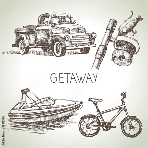 Hand drawn sketch set of family vacation. Vector illustration