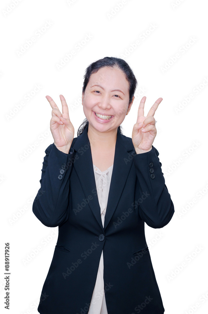 Business woman in black suit smiles at camera Business woman in black suit smiles at camera