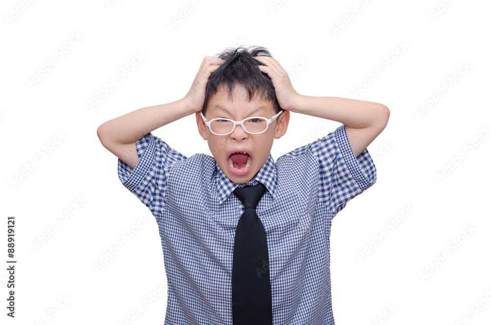 Asian schoolboy screaming over white background Asian schoolboy screaming over white background