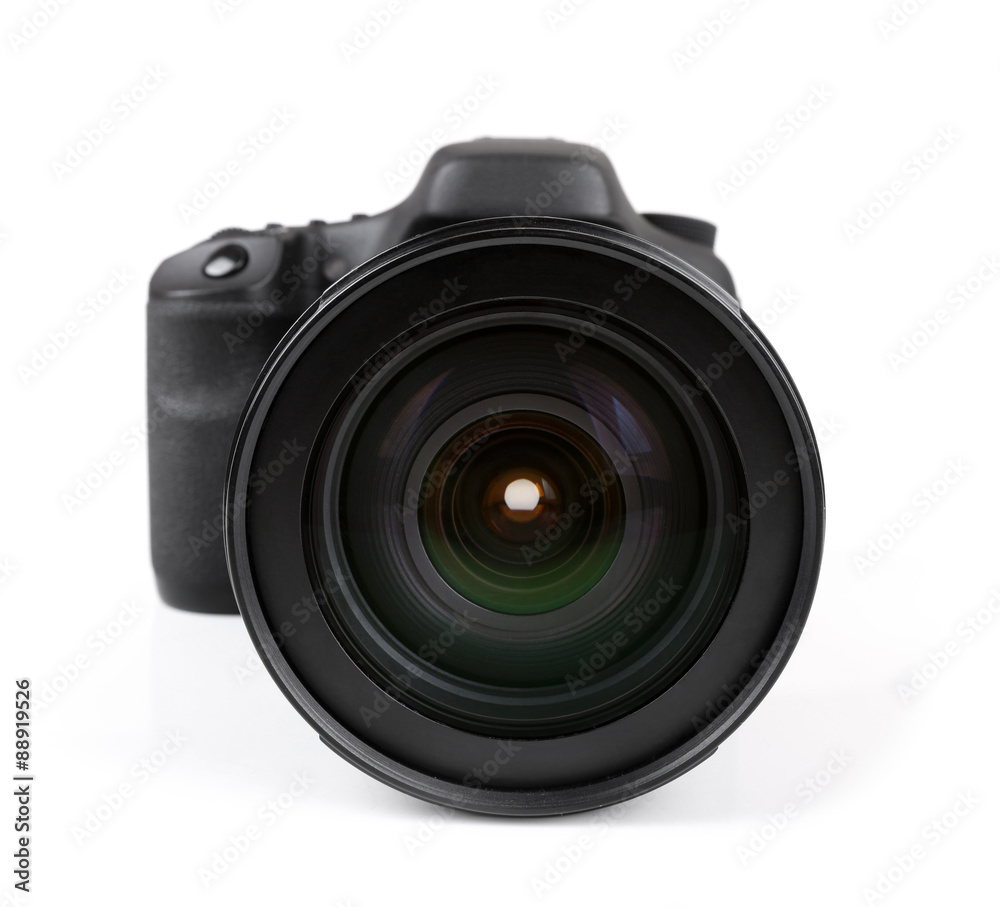 closeup of black photo camera isolated on white