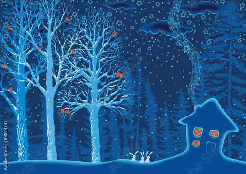 Winter landscape with a snow covered hut and trees with a perched flock of bullfinches on branches in the forest