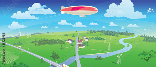 City and surroundings bird's-eye view. Airship. Vector