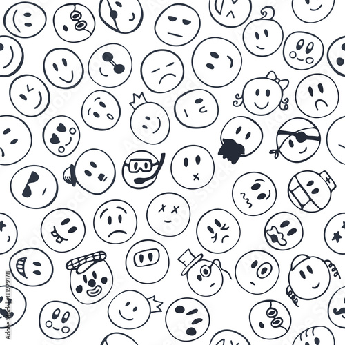 Seamless pattern with cheerful and happy smiley faces. Sketch em