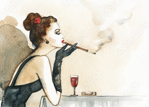 Retro woman portrait with cigarette . watercolor illustration