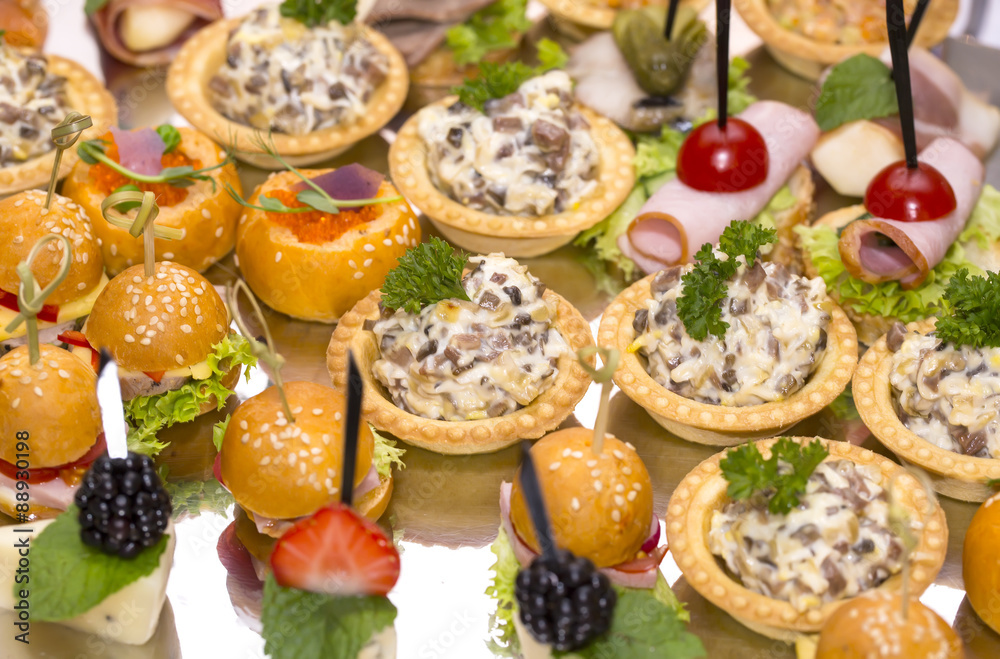 Canapes of cheese vegetables meat and seafood on white background Canapes of cheese vegetables meat and seafood on white background