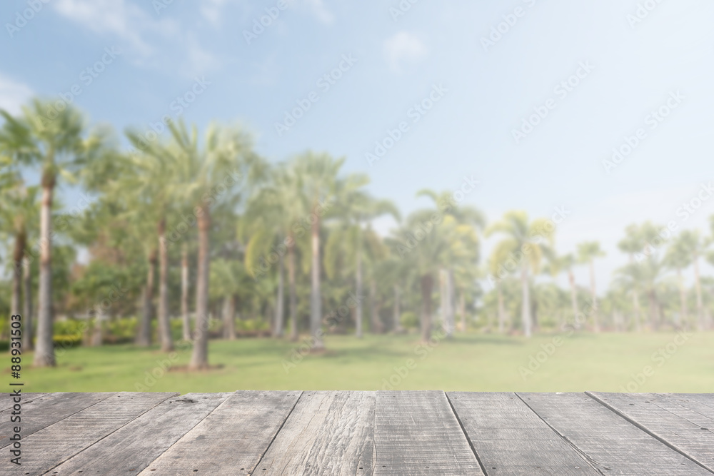 background of wooden board  and green garden of spring time