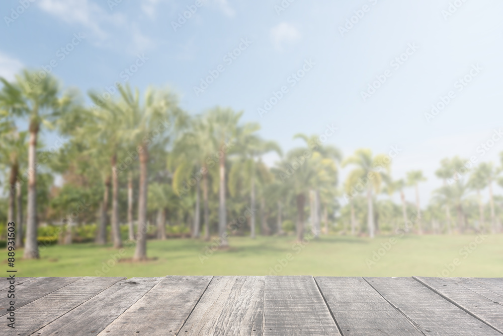 background of wooden board and green garden of spring time background of wooden board and green garden of spring time