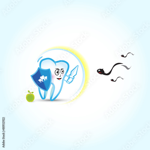 Dental illustration. Tooth fighting with caries, vector illustration. Dental care, dental clinic. Illustration for kids.