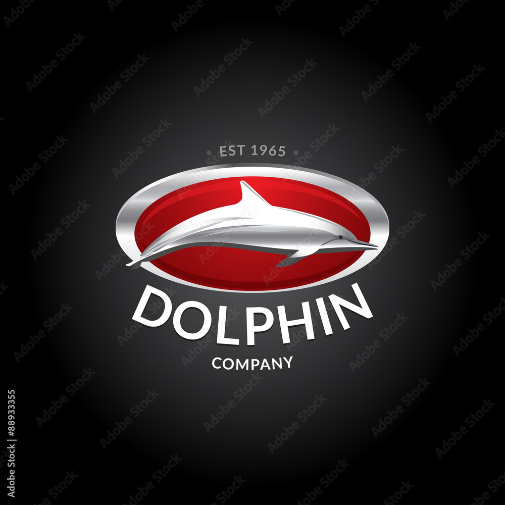 Fototapeta premium Dolphin logo template. Silver dolphin logotype on deep red background. Badge, t-shirt design, vector illustration for company and business.