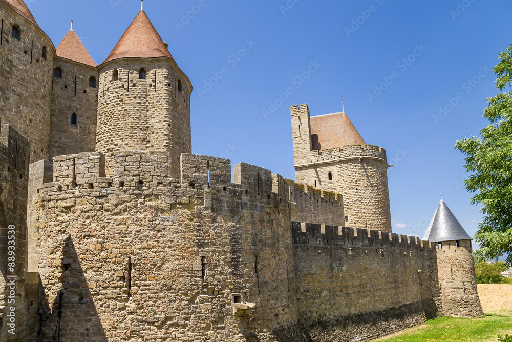 The medieval fortifications of the fortress of Carcassonne, France. Fortress of Carcassonne is included in the UNESCO World Heritage List