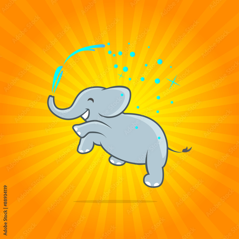 Naklejka premium Happy jumping elephant with spray of water on colorful yellow and orange background. Vector illustration. Vector icon. Vector banner. Logo template.