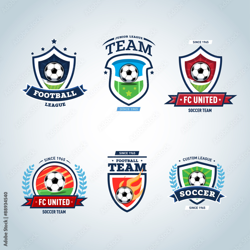 Naklejka premium Soccer logo. Football logo. Set of soccer football crests and logo template emblem designs, logotypes design concepts of football icons. Collection of Soccer Themed T shirt Graphics