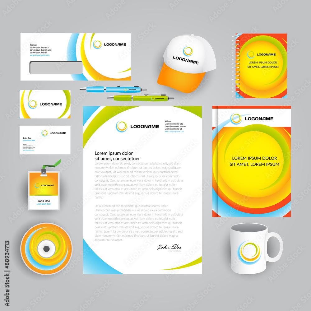 Corporate identity template with colorful abstract logo. Vector company style for brandbook and guideline. Documentation for business - art, design, creative, agency, stuff, consulting, conference.