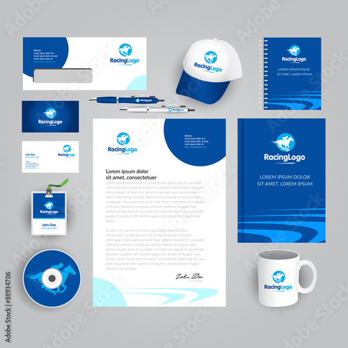 Corporate identity template with horse racing logo. Blue colors. Vector company style for brandbook and guideline. Documentation for business.