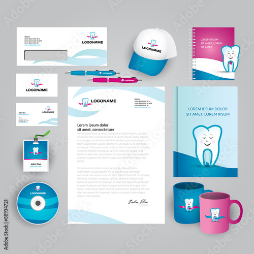 Dental clinic, office, oral medicine, stomatology corporate identity template with colorful abstract logo. Vector company style for brandbook and guideline. Documentation for business.