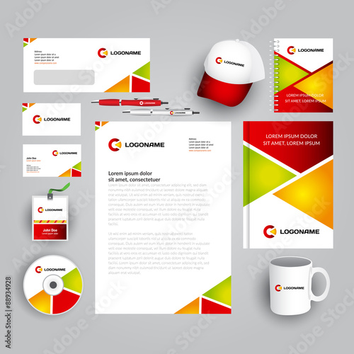 Red, green and orange corporate identity template with logo. Stationery template. Vector company style for brandbook and guideline. Documentation for business.