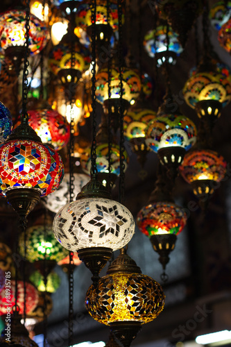 Colored lanterns hanging at the Grand Bazaar in Istanbul, Turkey