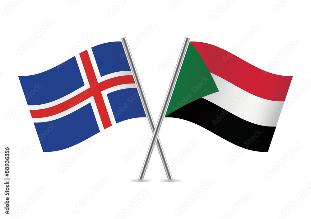 Iceland and Sudan flags. Vector illustration.