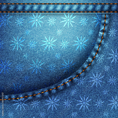 Texture of denim fabric with flowers.