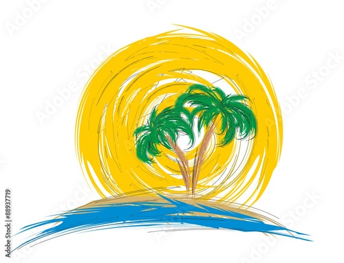 Logo a beach with palm trees.