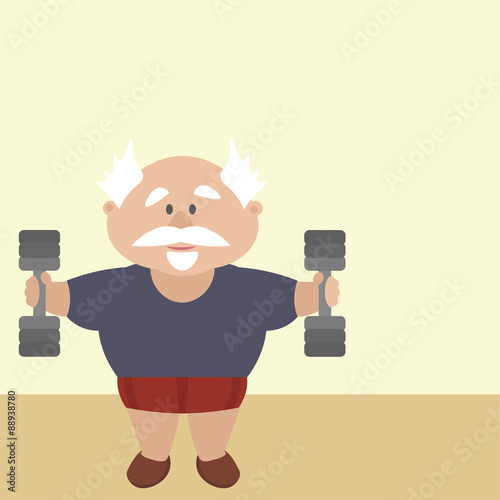 Active pensioner is engaged in the gym, lifting weights