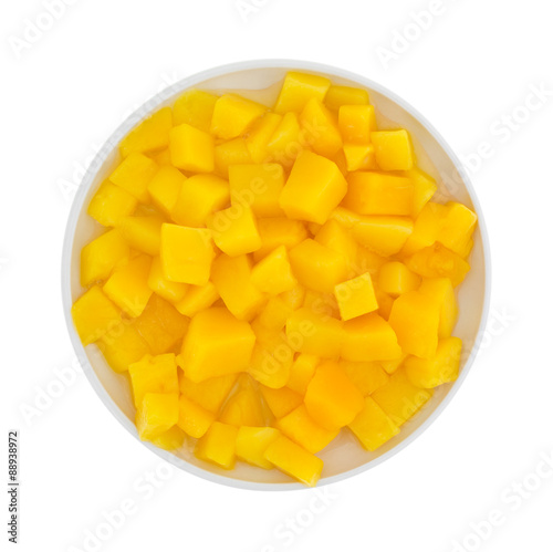 Canned chopped mangos in a small plate