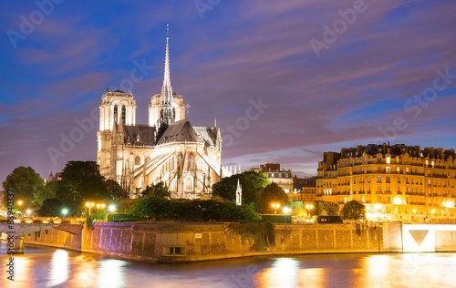 Notre Dame Cathedral at dusk in Paris, France