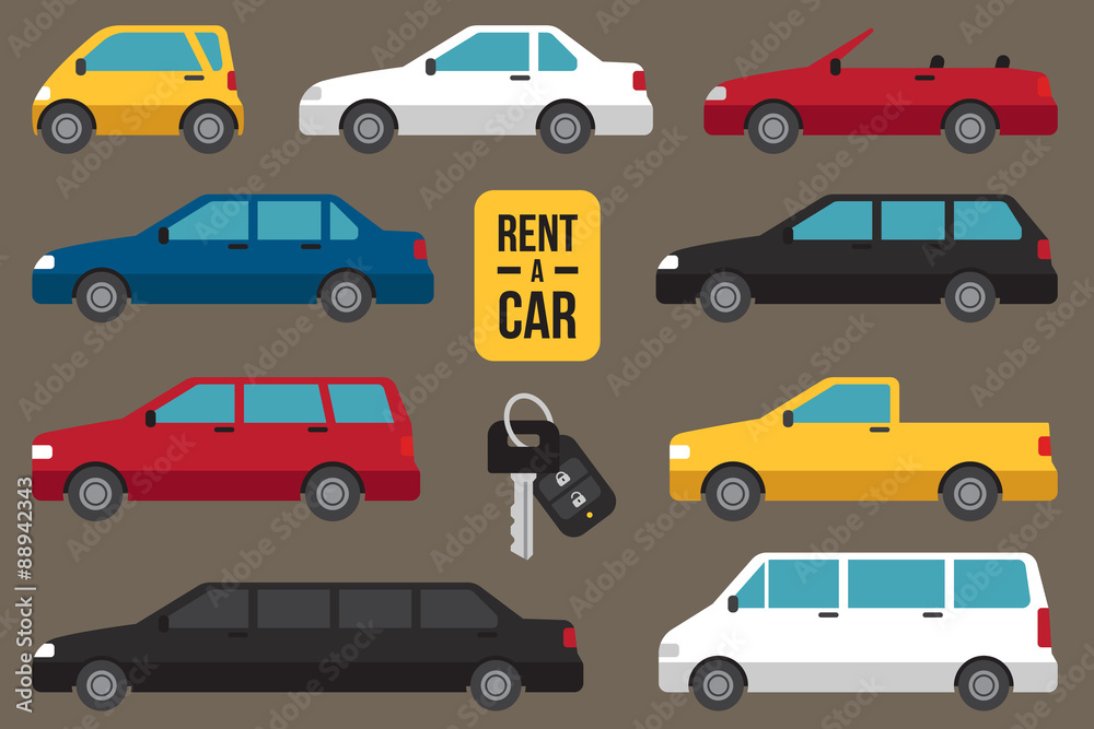 Vector set of different types of cars for rent with car key.