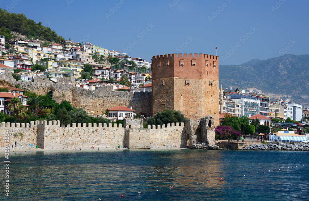 Wall of fortress and Red Tower (Kizilkule) in Alanya, Turkey 