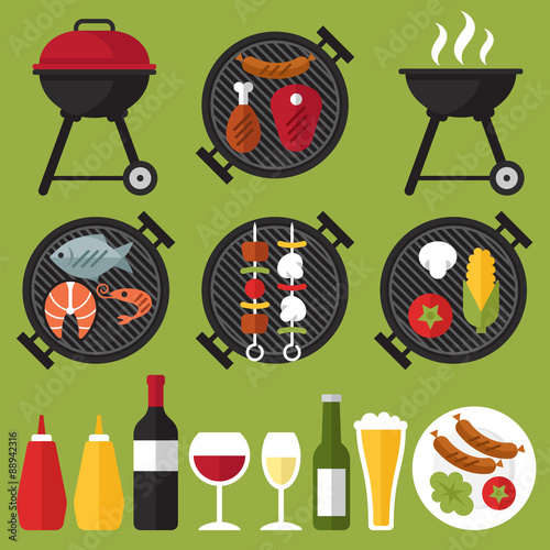 Vector set of barbecue and grilled food: steak, sausage, chicken, seafood and vegetables.