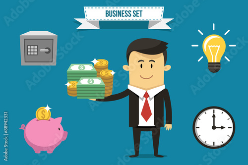 Vector businessman with set of icons. Each object can be placed in his hand.