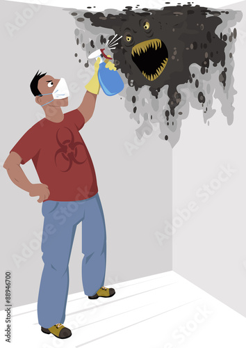 Man in a respiratory mask with a bio-hazard sign on his shirt spraying a mold monster on the wall in the house, vector illustration, no transparencies, EPS 8