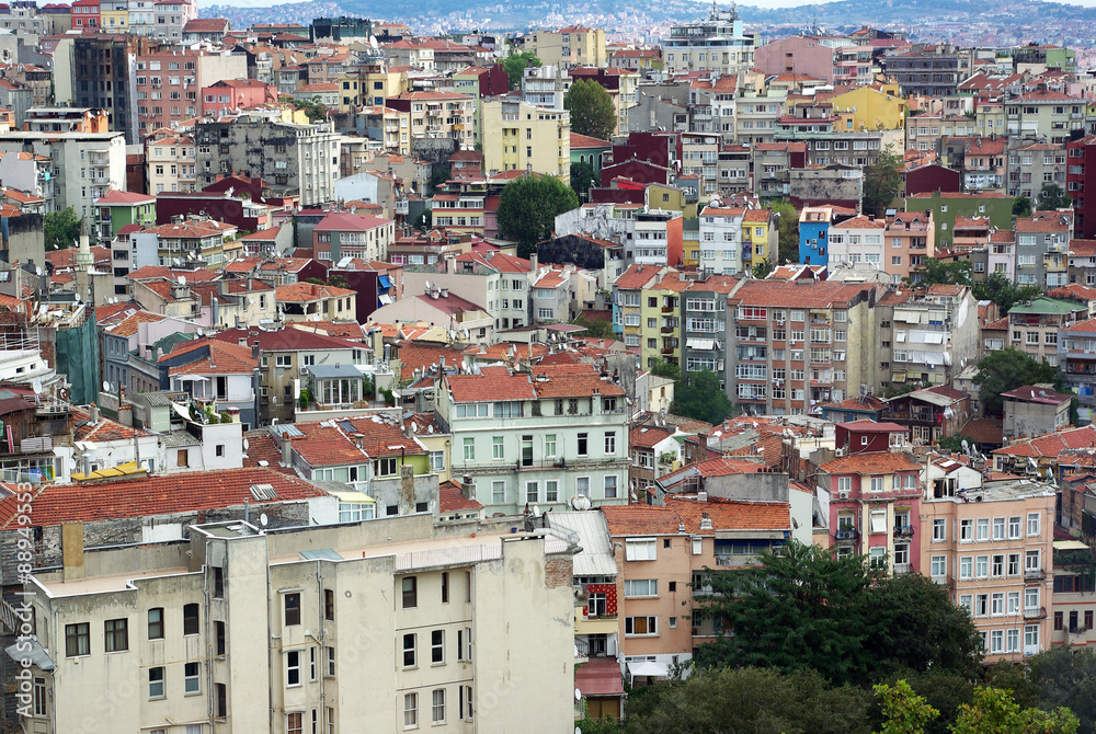 Types of Istanbul aerial view. Houses and public buildings densely cover an area of Istanbul. This is due to the fact that the buildings in Istanbul, built very close to each other.
