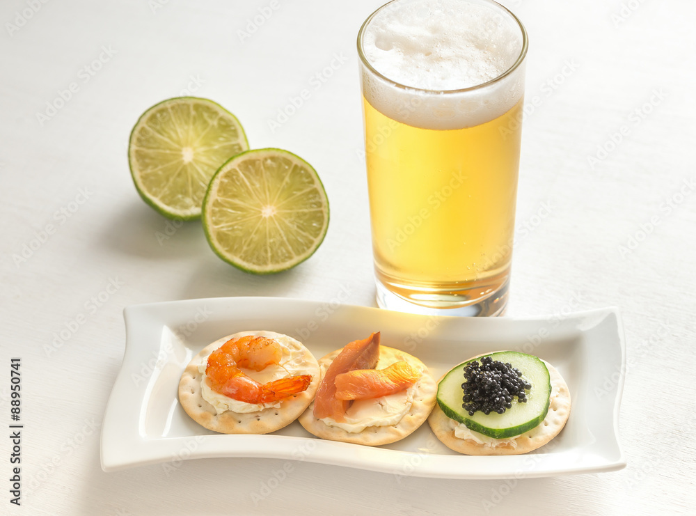 Canape with seafood on the plate Canape with seafood on the plate
