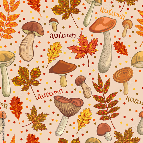 seamless vintage pattern with set of mushrooms and autumn leaves. Retro hand drawn vector illustration