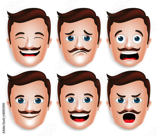 Set of 3D Realistic Handsome Man Head with Different Facial Expressions