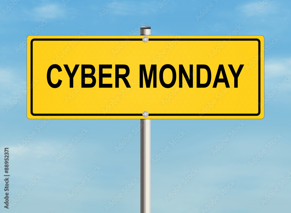 Cyber monday. Road sign on the sky background. Raster illustration.