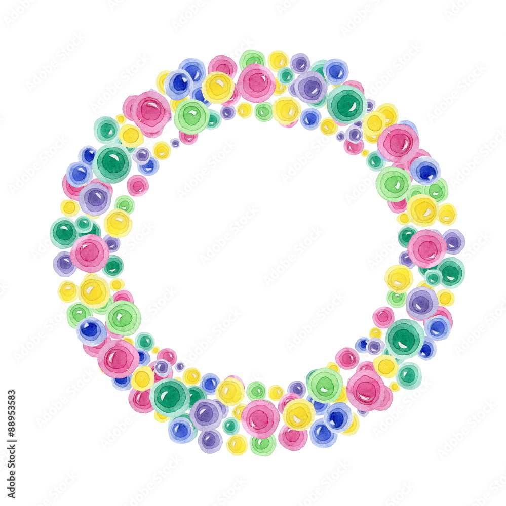 Watercolor round frame made up of multicolored confetti on white background