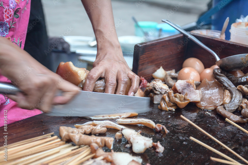 Pig tail- Myanmar street food in Yangon, Burma 
