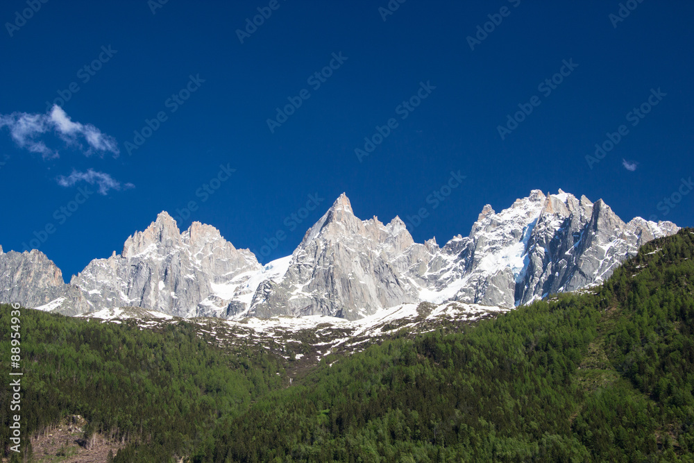 Peaks in snow and glacier nearby Chamonix
